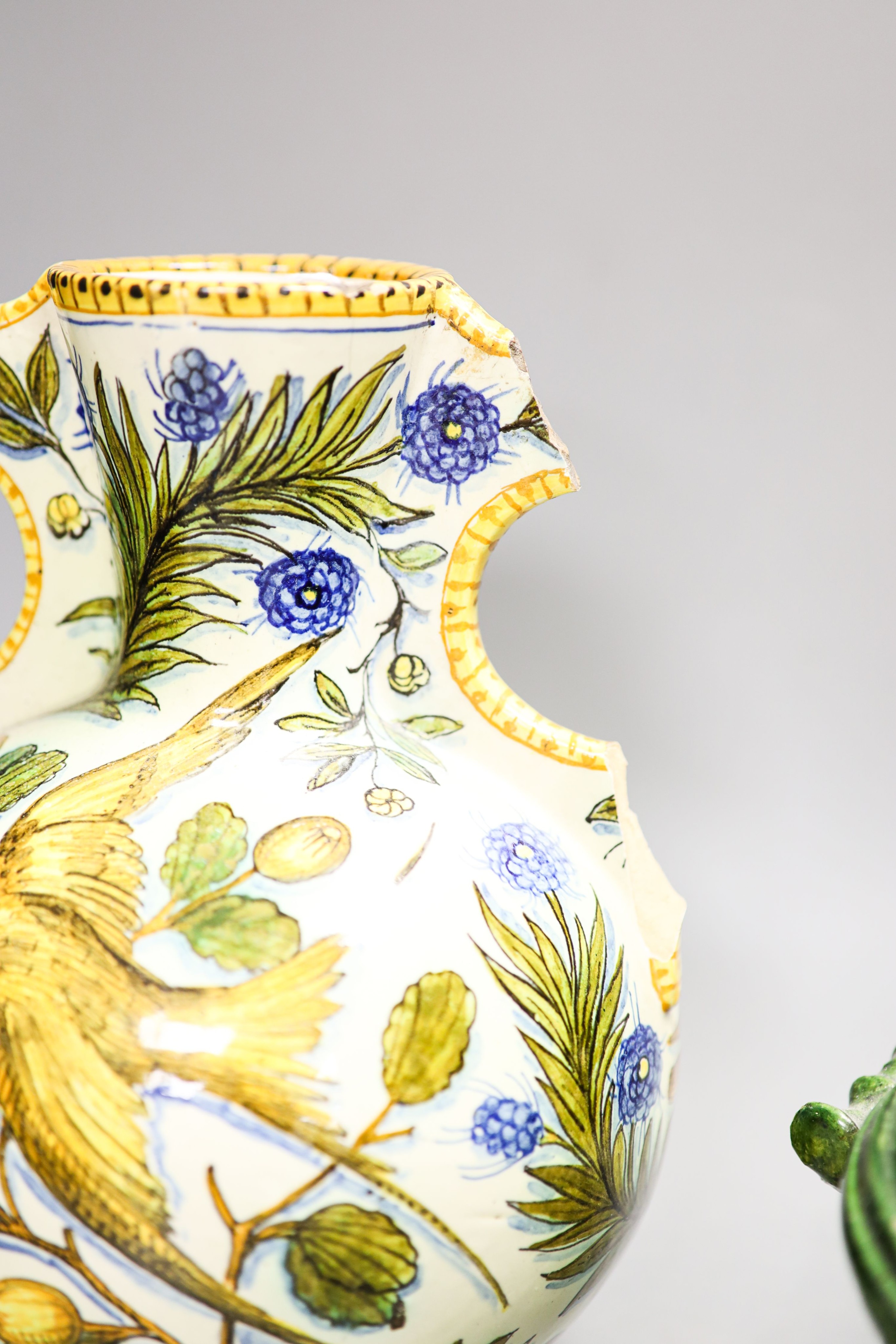 A Cantagalli maiolica vase (a.f.), a Bohemian vase and a green pottery bowl 27cm